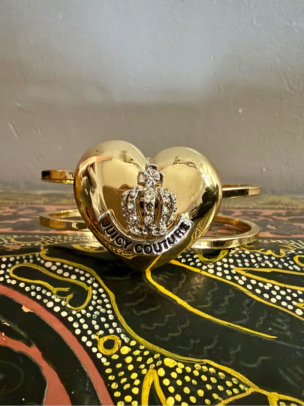VTG Juicy Couture Y2K Gold Puffy Heart Tiara Crown Rhinestone Cuff Bangle